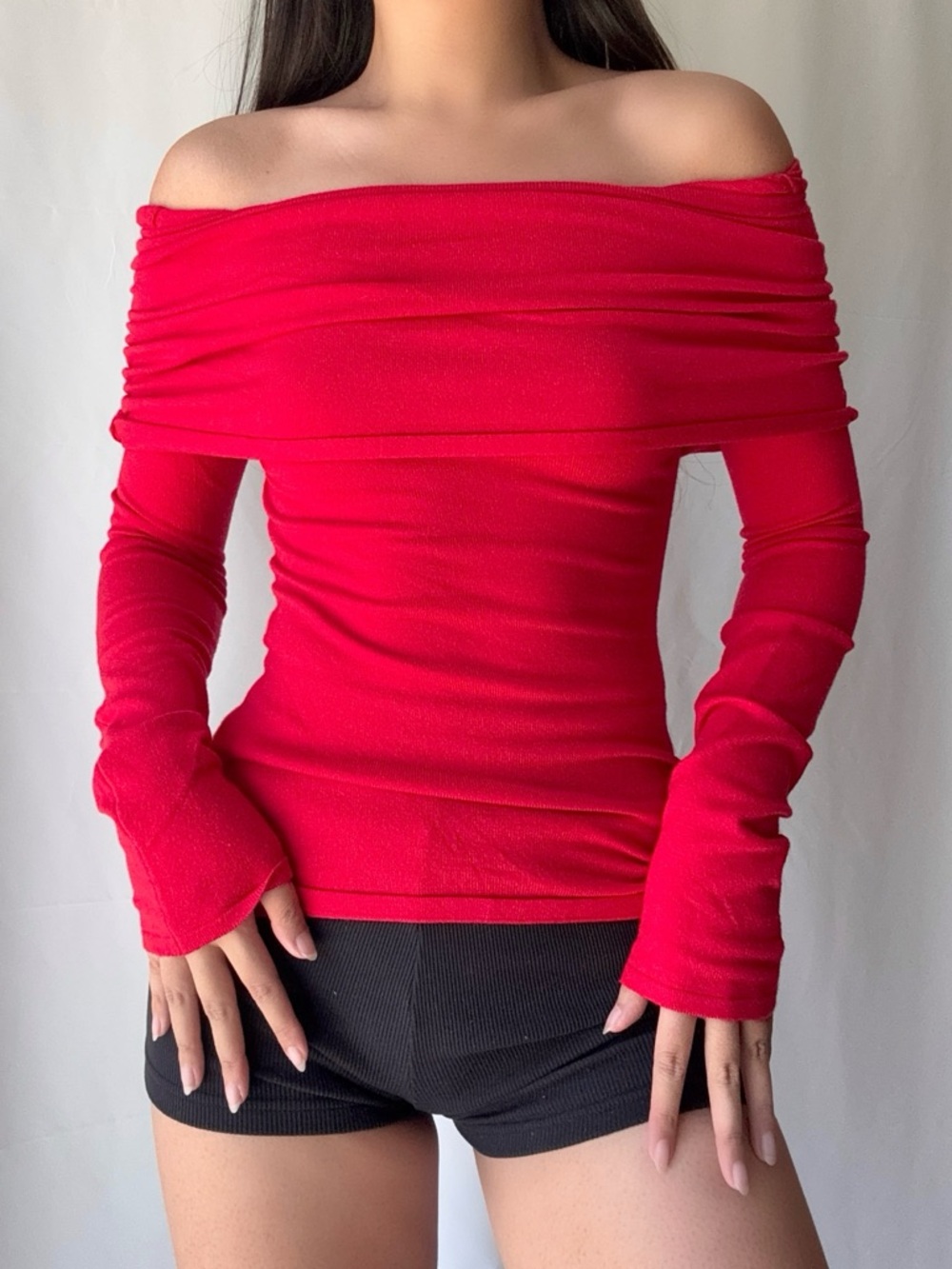Meshki Red Off the Shoulder Knit Sweater